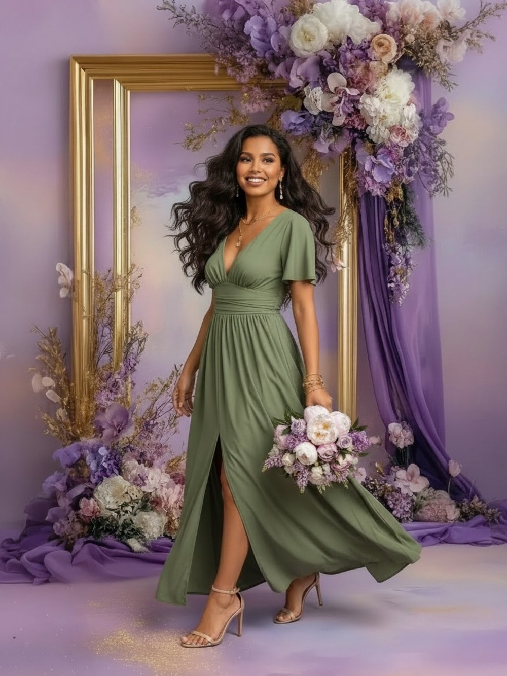 Green Maxi Dress with Flutter Sleeves and V-Neck - Picture 5 of 7